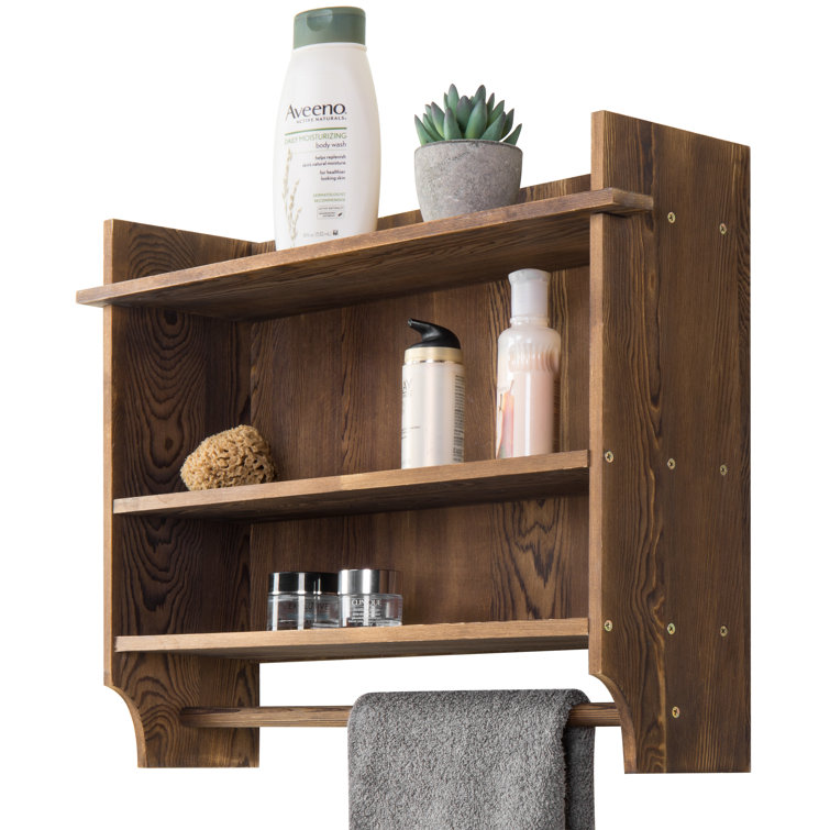 MyGift Solid Wood Wall Mounted Bathroom Shelves with Towel Bar